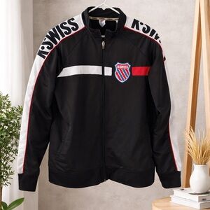 K-Swiss Track Jacket Large Black Red White Zip Up Logo Y2K Athleisure